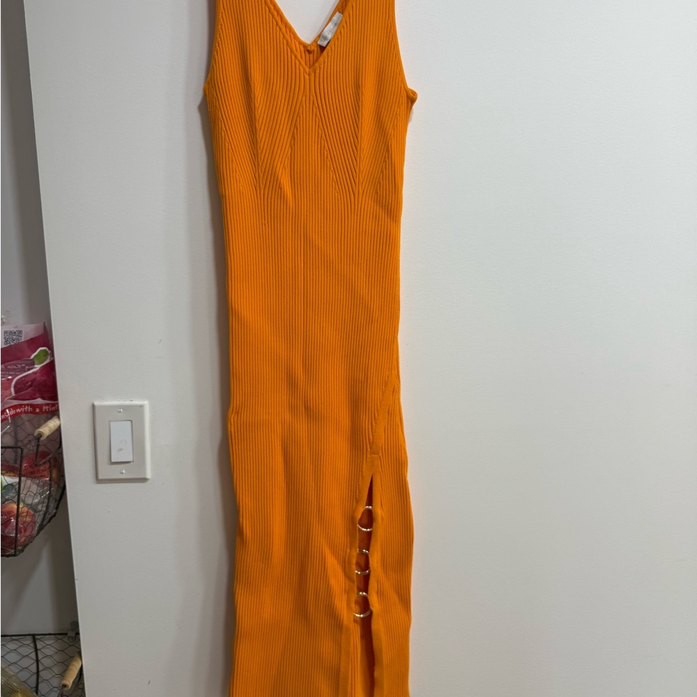 House of harlow Sleeveless Orange Ribbed Maxi Dress with Side Ring Detail large